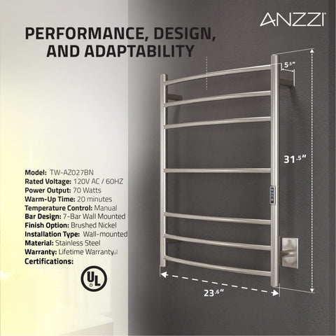 ANZZI Gown 7-Bar Stainless Steel Wall Mounted Towel Warmer