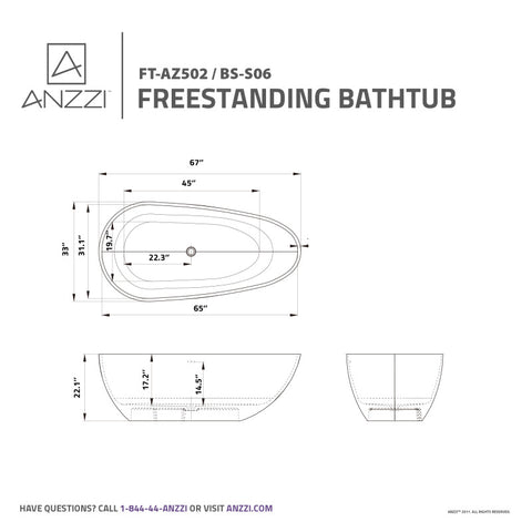 ANZZI Makot 67" Man-Made Stone Center Drain Freestanding Bathtub in Matte White