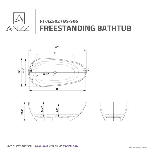 ANZZI Makot 5.6 ft. Man-Made Stone Center Drain Freestanding Bathtub in Matte White