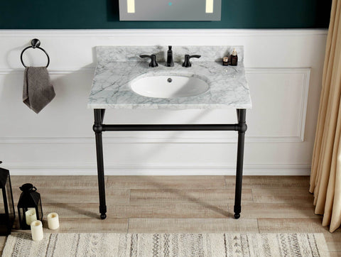 Verona 34.5 in. Console Sink in Matte Black with Carrara White Counter Top