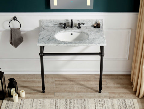 ANZZI Verona 34.5" Wall Mounted Console Sink (34" H), Scratch-Resistant Carrara White Stone Countertop, Ceramic Sink, Optional Frame Finishes