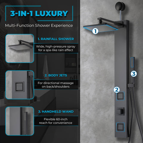 Dion Series 39 in. 2-Jetted Shower with Heavy Rain Showerhead and Spray Wand, Full Body Shower System in Matte Black