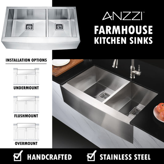 ANZZI Elysian Farmhouse Stainless Steel 33 in. 0-Hole 60/40 Double Bowl Kitchen Sink in Brushed Satin