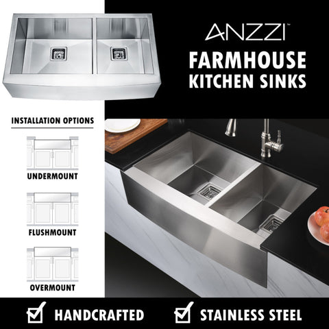 ANZZI Elysian Farmhouse 33 in. 60/40 Double Bowl Kitchen Sink with Faucet in Brushed Nickel