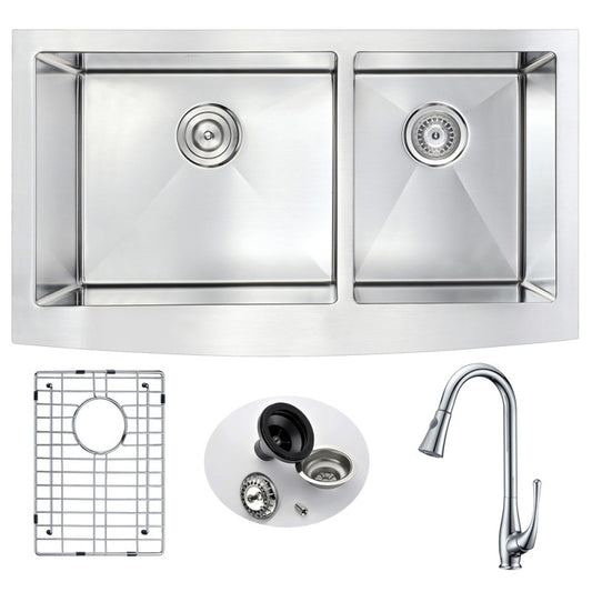 ANZZI Elysian Farmhouse 33 in. Double Bowl Kitchen Sink with Singer Faucet in Polished Chrome