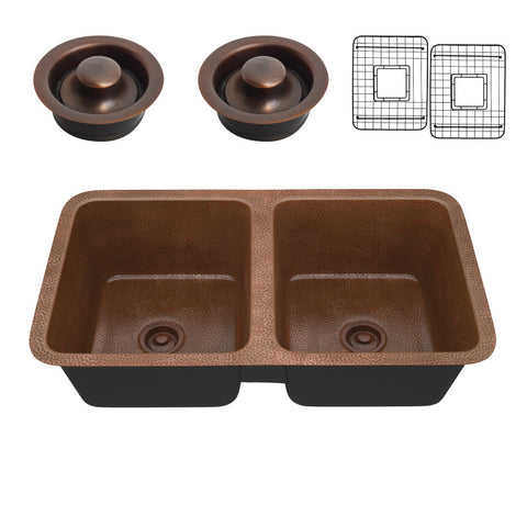 SK-032 - ANZZI Eastern Drop-in Handmade Copper 32 in. 0-Hole 50/50 Double Bowl Kitchen Sink in Hammered Antique Copper