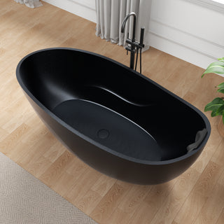 67 in. x 32 in. Freestanding Oval Stone Resin Flat-Bottom Bathtub in Black with Center Drain & Headrest