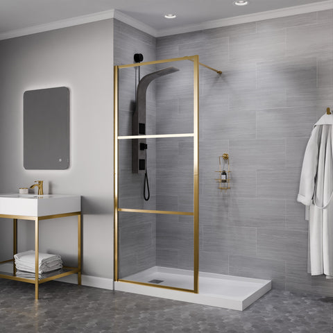ANZZI Series 34 in. x 78 in. Fixed Frameless Shower Door in Brushed Gold with Tsunami Guard Tempered Clear Glass