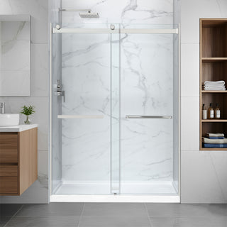 Kahn Series 60 in. x 32 in. Center Drain Alcove Shower Base and Frameless Sliding Door Combo with Tsunami Guard