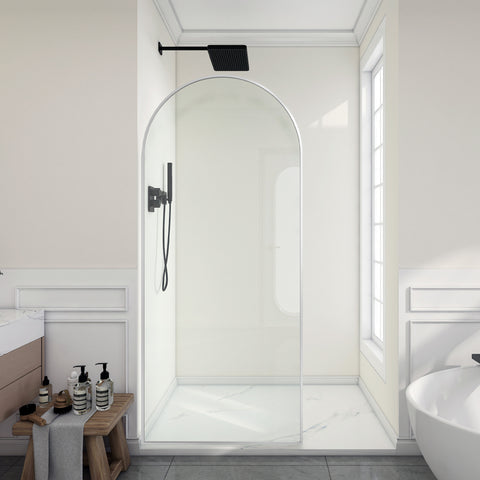 Ember Series 78 in. x 34 in. Framed Arch Fixed Shower Screen Door in Brushed Nickel with 8mm Tempered Clear Glass