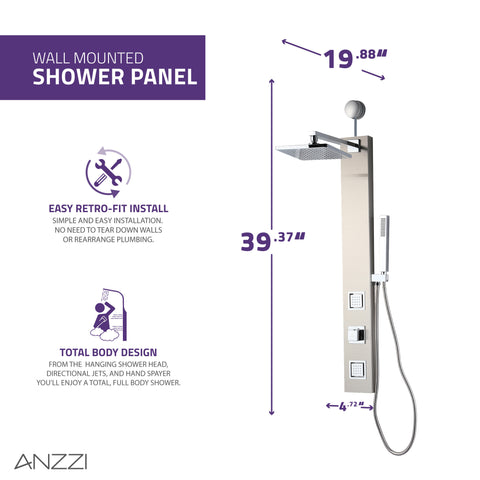 Dion Series 39 in. 2-Jetted Shower Tower with Heavy Rain Shower and Body Jets and Spray Wand in Brushed Nickel