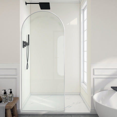 Ember Series 78 in. x 34 in. Framed Arch Fixed Shower Screen Door in Brushed Nickel with 8mm Tempered Clear Glass