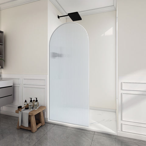 Ember Series 78 in. x 34 in. Framed Arch Fixed Shower Screen Door in Brushed Nickel with 8mm Tempered Fluted Glass