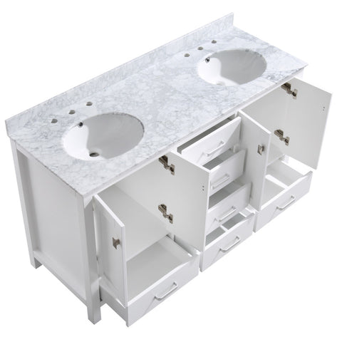 VY-CA006022-WHT - ANZZI Chateau 60 in. W x 22 in. D Bathroom Vanity in White with Carrara White Marble Top