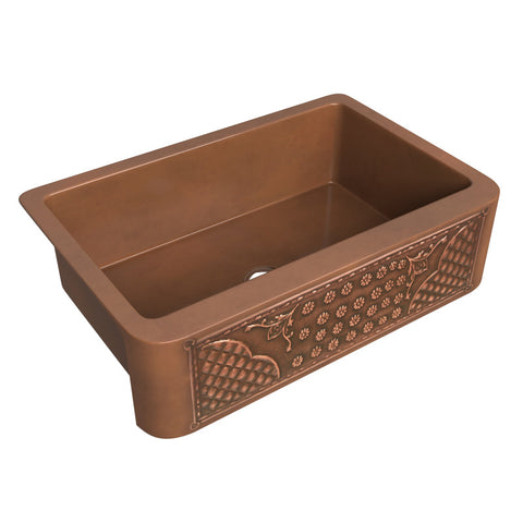 ANZZI Macedonian Farmhouse Handmade Copper 33 in. 0-Hole Single Bowl Kitchen Sink with Flower Bed Design Panel in Polished Antique Copper