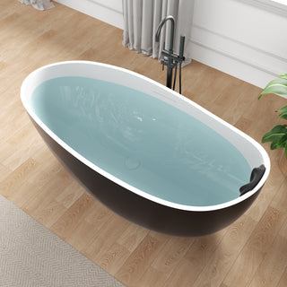 67 in. x 32 in. Freestanding Oval Stone Resin Flat-Bottom Bathtub in Black with Center Drain & Headrest