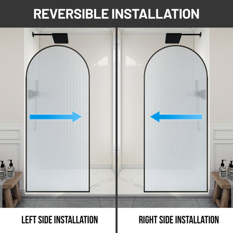 Ember Series 78 in. x 34 in. Framed Arch Fixed Shower Screen Door in Matte Black with 8mm Tempered Fluted Glass