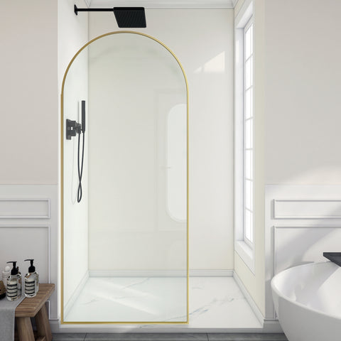 Ember Series 78 in. x 34 in. Framed Arch Fixed Shower Screen Door in Brushed Gold with 8mm Tempered Clear Glass