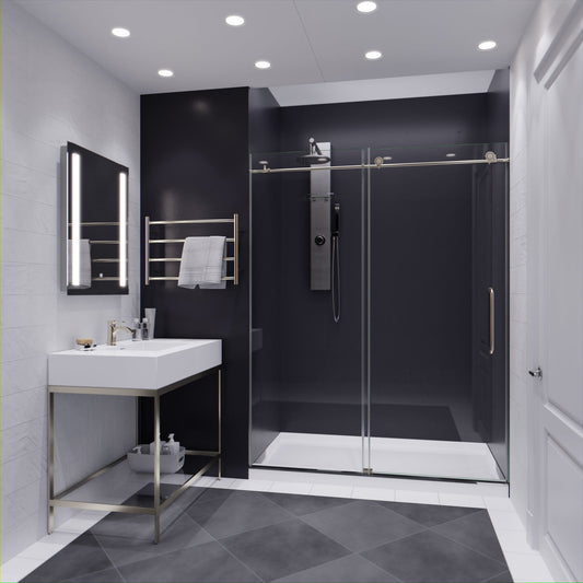 60 in. by 76 in. Frameless Sliding Shower Door in Brushed Nickel with Handle