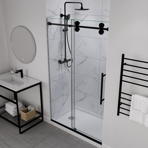 ANZZI Series 48 in. x 76 in. Frameless Shower Door with Sliding in Matte Black  with Tsunami Guard Tempered Clear Glass
