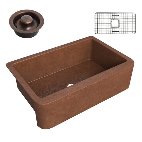 Miletus Farmhouse Handmade Copper 33 in. 0-Hole Single Bowl Kitchen Sink