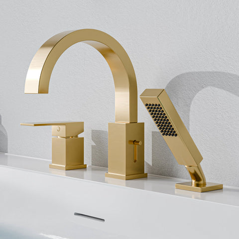 Nite Series Single-Handle Deck-Mount Roman Tub Faucet with Handheld Sprayer in Brushed Gold