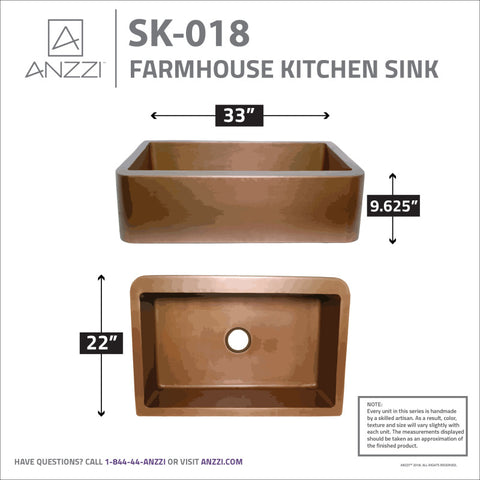 Cyprus Farmhouse Handmade Copper 33 in. 0-Hole Single Bowl Kitchen Sink