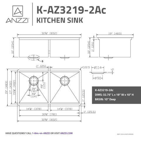 ANZZI Aegis Undermount Stainless Steel 32.75 in. 0-Hole 50/50 Double Bowl Kitchen Sink with Cutting Board and Colander