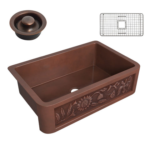 SK-012 - ANZZI Anatolian Farmhouse Handmade Copper 33 in. 0-Hole Single Bowl Kitchen Sink with Sunflower Design Panel in Polished Antique Copper