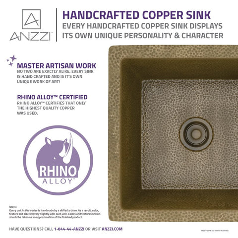 ANZZI Erzurum Drop-in Handmade Copper 16 in. 0-Hole Single Bowl Kitchen Sink in Hammered Antique Copper