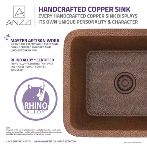 ANZZI Aquileia Drop-in Handmade Copper 17 in. 0-Hole Single Bowl Kitchen Sink in Hammered Antique Copper