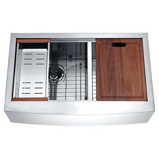 ANZZI Aegis Farmhouse Stainless Steel 33 in. 0-Hole 60/40 Double Bowl Kitchen Sink with Cutting Board and Colander