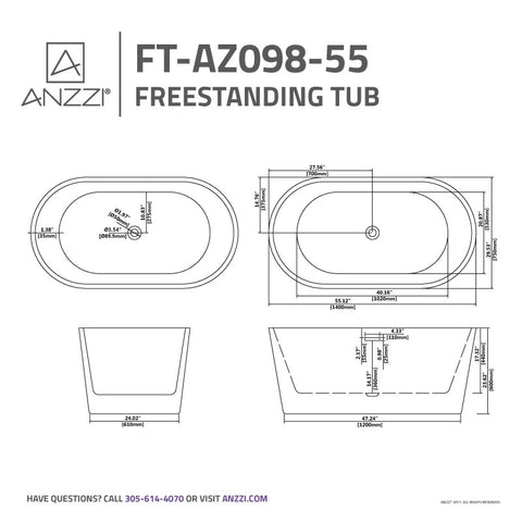 ANZZI Chand 55 in. Acrylic Flatbottom Freestanding Bathtub