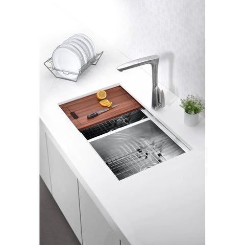 K-AZ3219-2Ac - Aegis Undermount Stainless Steel 32.75 in. 0-Hole 50/50 Double Bowl Kitchen Sink with Cutting Board and Colander