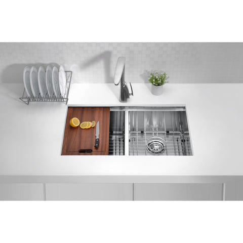 K-AZ3219-2Ac - Aegis Undermount Stainless Steel 32.75 in. 0-Hole 50/50 Double Bowl Kitchen Sink with Cutting Board and Colander