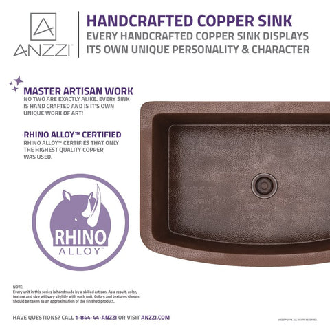 ANZZI Pieria Farmhouse Handmade Copper 33 in. 0-Hole Single Bowl Kitchen Sink in Hammered Antique Copper