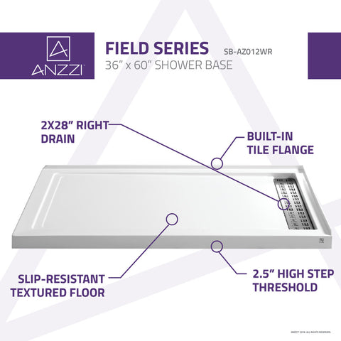 ANZZI Field Series 60 in. x 36 in. Shower Base in White