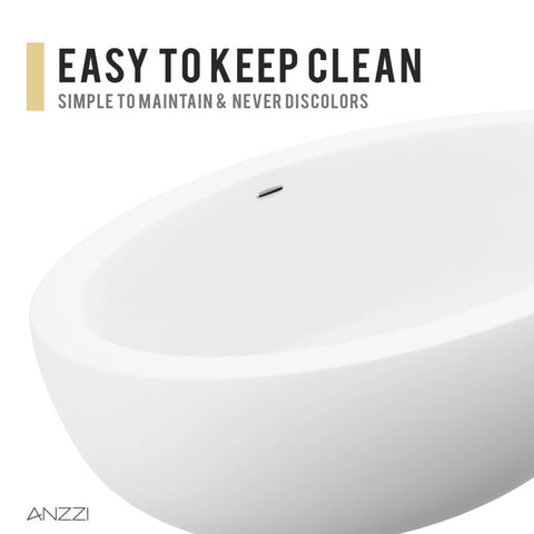 ANZZI Kekehun 6.3 ft. Solid Surface Center Drain Freestanding Bathtub in Matte White