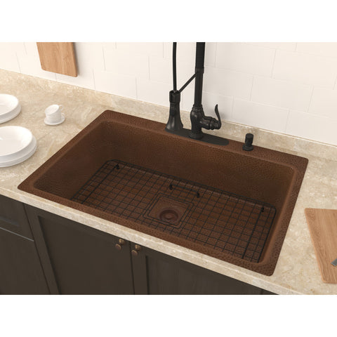 SK-028 - ANZZI Lydia Drop-in Handmade Copper 33 in. 4-Hole Single Bowl Kitchen Sink in Hammered Antique Copper