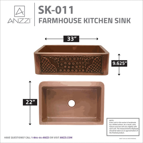 Macedonian Farmhouse Handmade Copper 33 in. 0-Hole Single Bowl Kitchen Sink with Flower Bed Design Panel