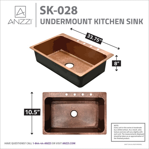 ANZZI Lydia Drop-in Handmade Copper 33 in. 4-Hole Single Bowl Kitchen Sink in Hammered Antique Copper