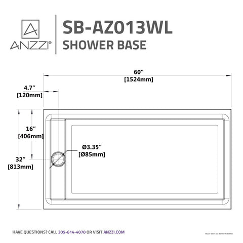 ANZZI Meadow Series 60 in. x 32 in. Shower Base in White