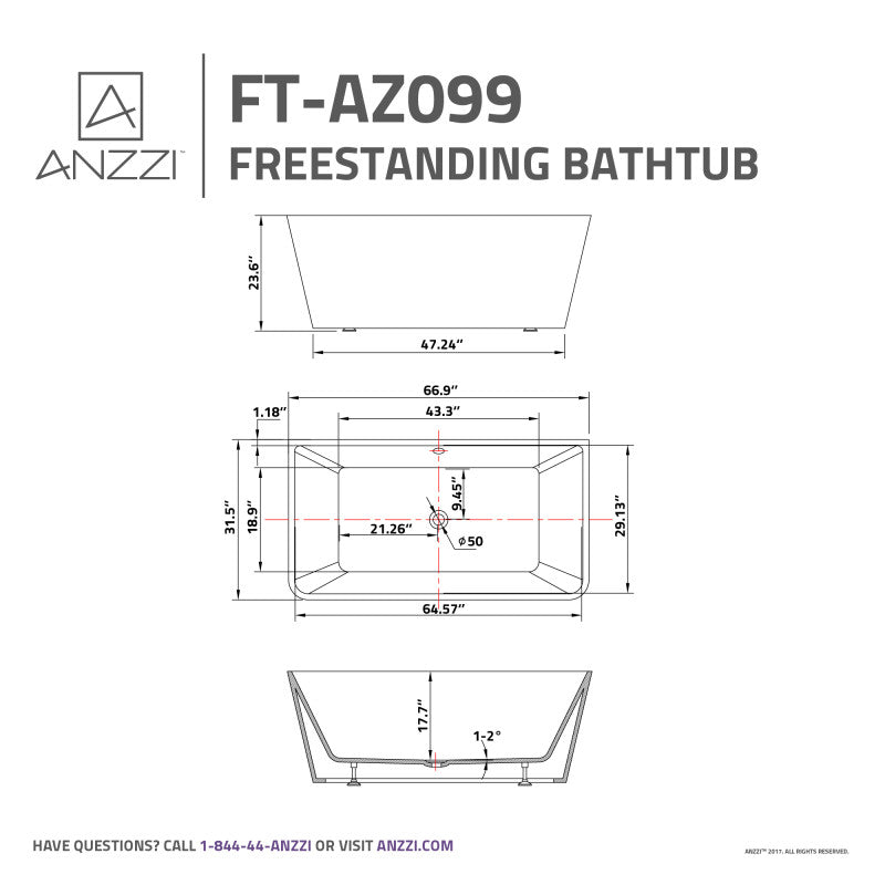 FT-AZ099 - ANZZI Zenith Series 5.58 ft. Freestanding Bathtub in White