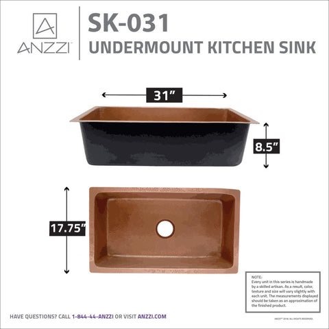 ANZZI Gilbert Drop-in Handmade Copper 31 in. 0-Hole Single Bowl Kitchen Sink in Hammered Antique Copper