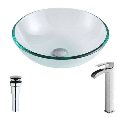 LSAZ087-097B - ANZZI Etude Series Deco-Glass Vessel Sink in Lustrous Clear with Key Faucet in Brushed Nickel