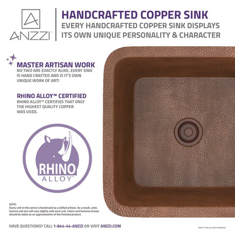 ANZZI Isle Drop-in Handmade Copper 19 in. 0-Hole Single Bowl Kitchen Sink in Hammered Antique Copper