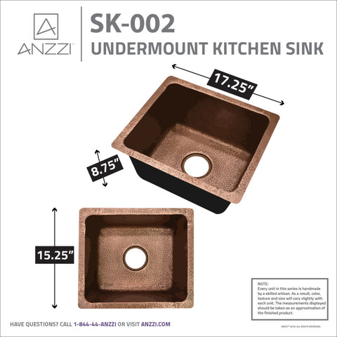 ANZZI Aquileia Drop-in Handmade Copper 17 in. 0-Hole Single Bowl Kitchen Sink in Hammered Antique Copper