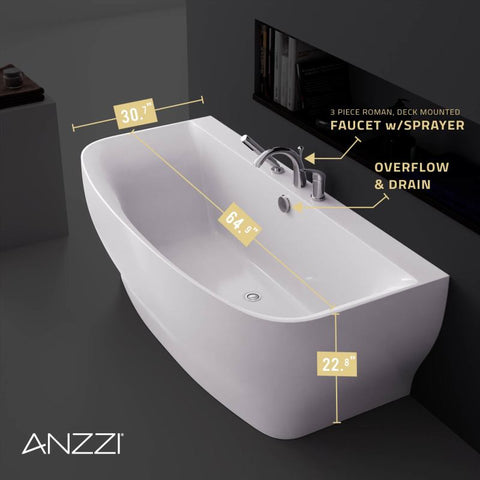 ANZZI Bank Series 64.9" Freestanding Bathtub with Deck Mounted Faucet