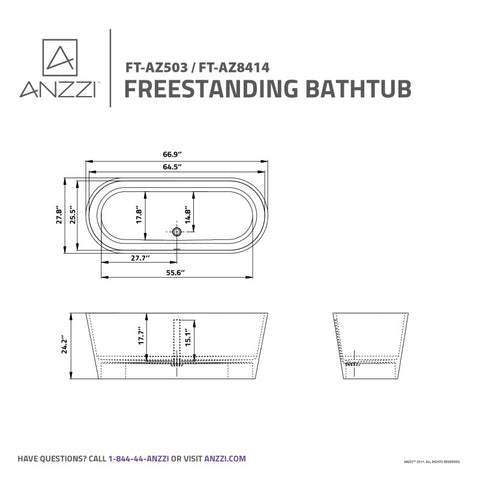 ANZZI Kosima 66.8" Solid Surface Center Drain Freestanding Bathtub