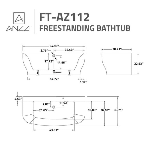 ANZZI Bank Series 5.41 ft. Freestanding Bathtub in White